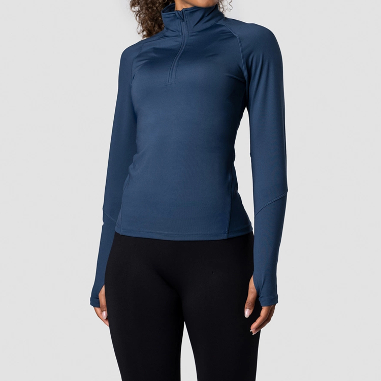 Wholesale Cool Dry Quarter Zip Polyester Long Sleeve Gym T Shirts For Women With Thumb Hole detail pictures