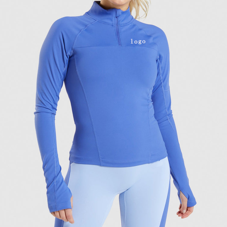 Anti-Pilling Custom Long Sleeve Sports 1/4 Zip Women Gym T Shirts With Thumb Hole