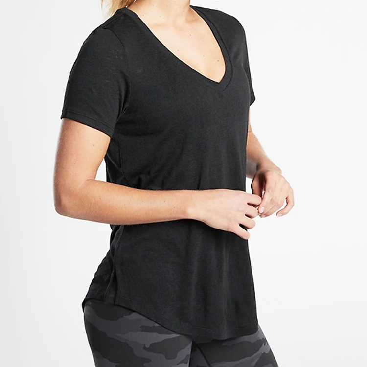 High Quality Workout Scoop Hem V Neck Plain Gym T Shirts Custom Printing For Women detail pictures