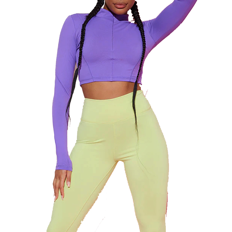 Custom Half Zipper Slim Fit Long Sleeve Gym Crop Top Fitness T Shirt For Women