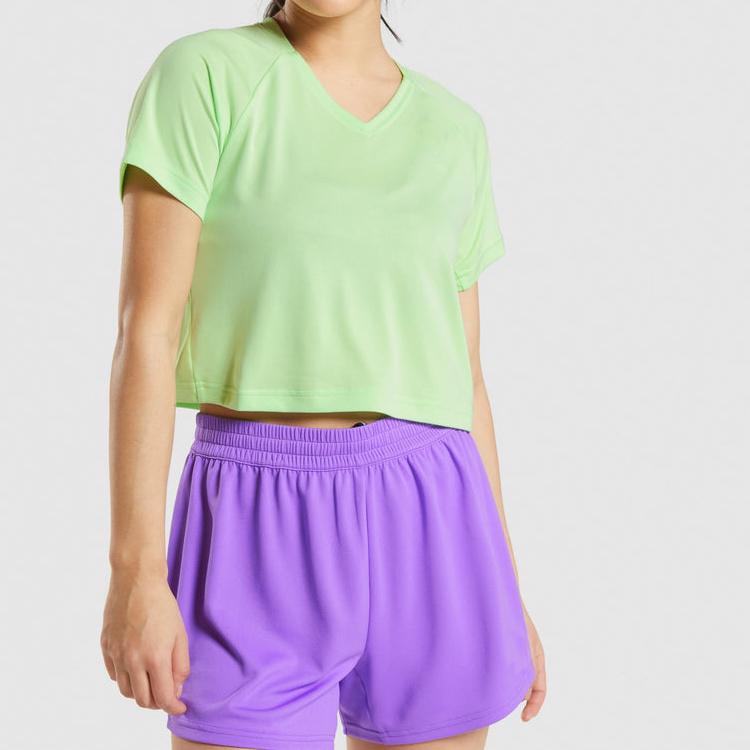 High Quality Back Mesh V Neck Crop Gym Polyester T Shirts Custom Printing For Women