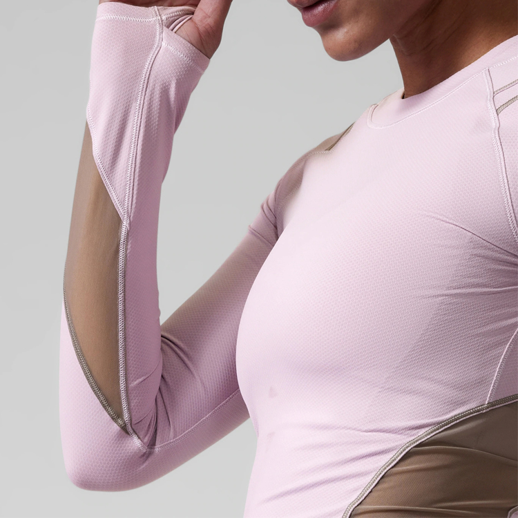 Back Mesh Fabric Thumb Hole Women Sports Crop Long Sleeve T Shirts Custom Printing detail pictures