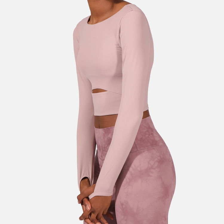 High Quality Front Hollow Out Fitness Crop Top Long Sleeve Gym T Shirts For Women detail pictures