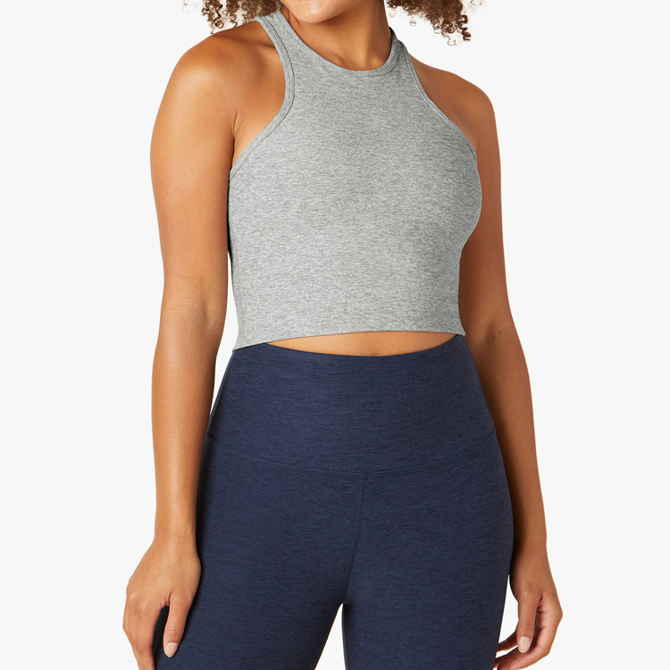 Four Way Stretch Custom Design Back Key Hole High Neck Crop Yoga Fitness Tank Top For Women detail pictures