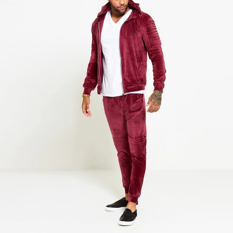 Wholesale Winter Sweatsuit Biker Ribbed Padding Men Slim Fit Velvet Tracksuit Set detail pictures