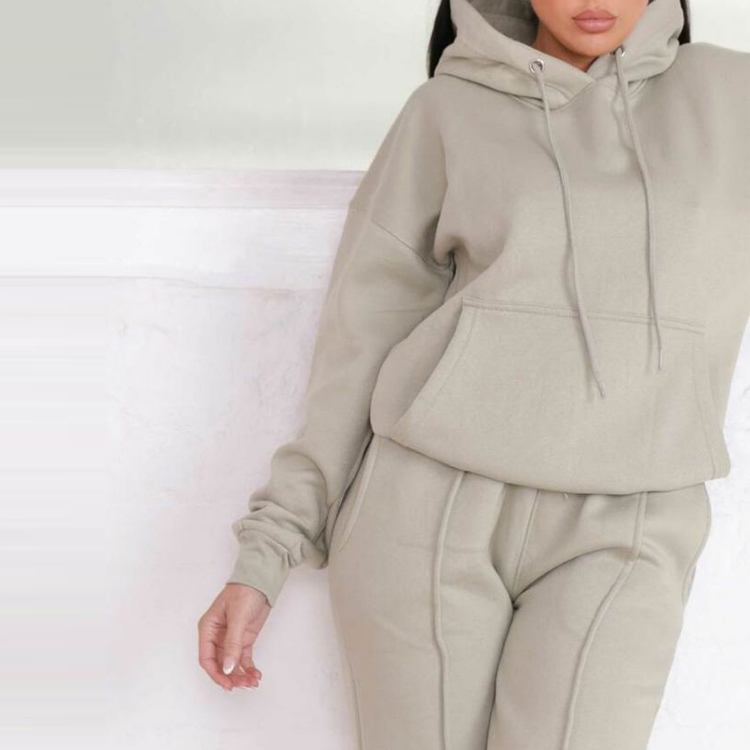 Custom Logo 100% Cotton Women Loose Fit Blank Hoodie Jogger Tracksuit Set detail pictures