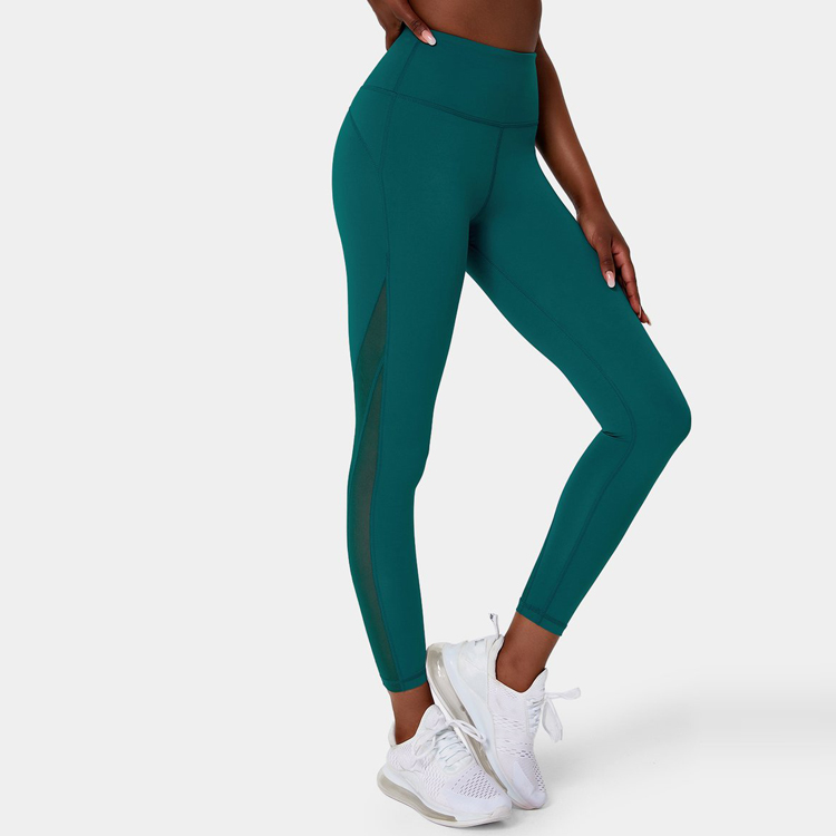 OEM High Waist Contrast Mesh Back Pocket Full Length Compression Yoga Leggings For Women detail pictures