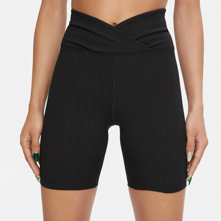 Custom Logo High Waist Ribbed V Cut Waistband Nylon Gym Yoga Biker Shorts For Women detail pictures