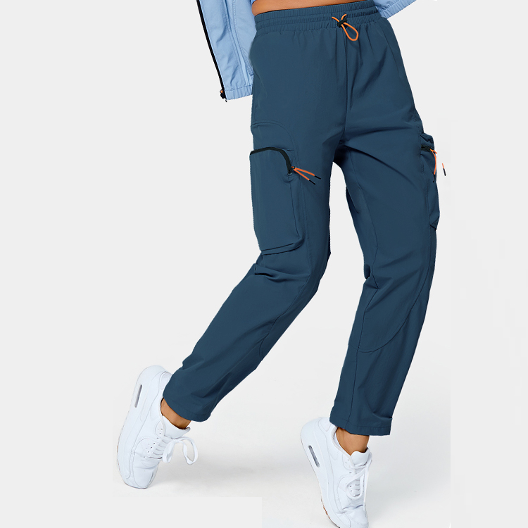 Lightweight Polyester Elastic Drawstring Zipper Pocket Gym Jogger Cargo Pants For Women detail pictures