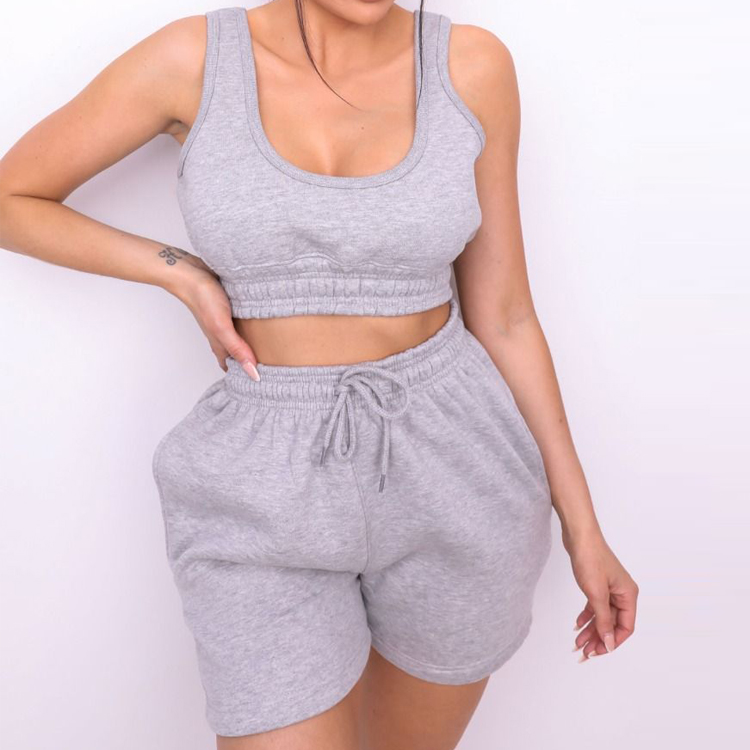 High Quality Soft Cotton Scoop Neck Sleeveless Crop Top Shirred Jogger Shorts Tracksuit Set detail pictures