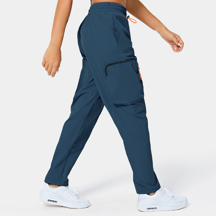 Lightweight Polyester Elastic Drawstring Zipper Pocket Gym Jogger Cargo Pants For Women detail pictures