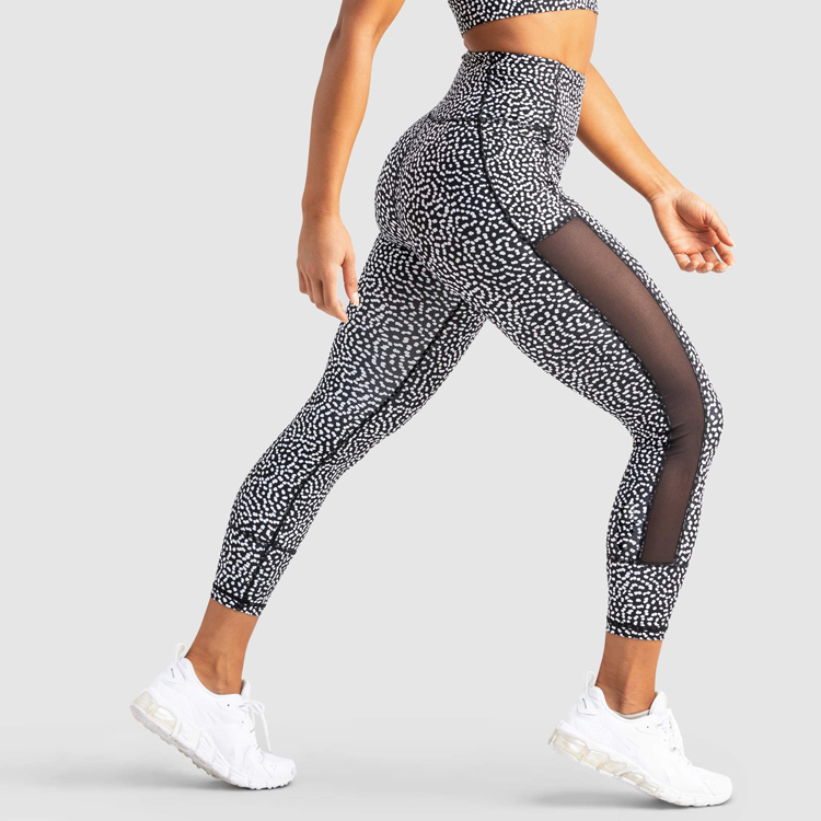 Wholesale Custom sublimated Speckle Printing High Waist Yoga Legging Pants Mesh Panel With Side Pockets