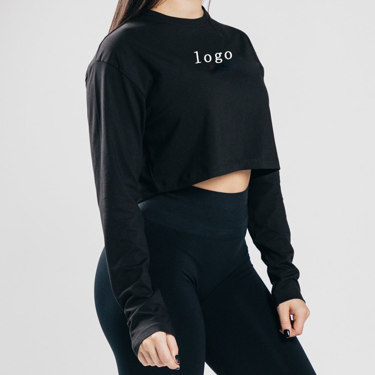 Wholesale Polyester Spandex Custom Sports Long Sleeve Women Gym Crop Plain T shirts detail pictures