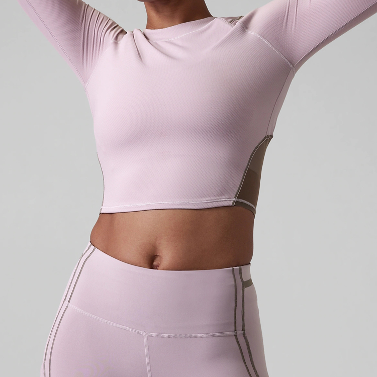 Back Mesh Fabric Thumb Hole Women Sports Crop Long Sleeve T Shirts Custom Printing