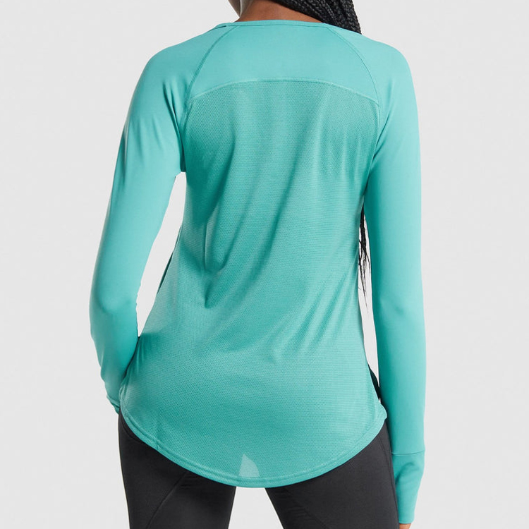 Custom Mesh Bottom Women Gym Fitness Long Sleeve Plain T Shirts With Thumb Hole detail pictures