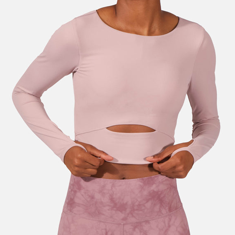 High Quality Front Hollow Out Fitness Crop Top Long Sleeve Gym T Shirts For Women detail pictures