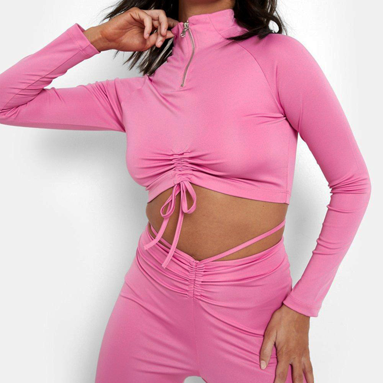 Funnel Neck Ruched Active Long Sleeve  Half Zipper Gym Sports Women Crop T Shirts