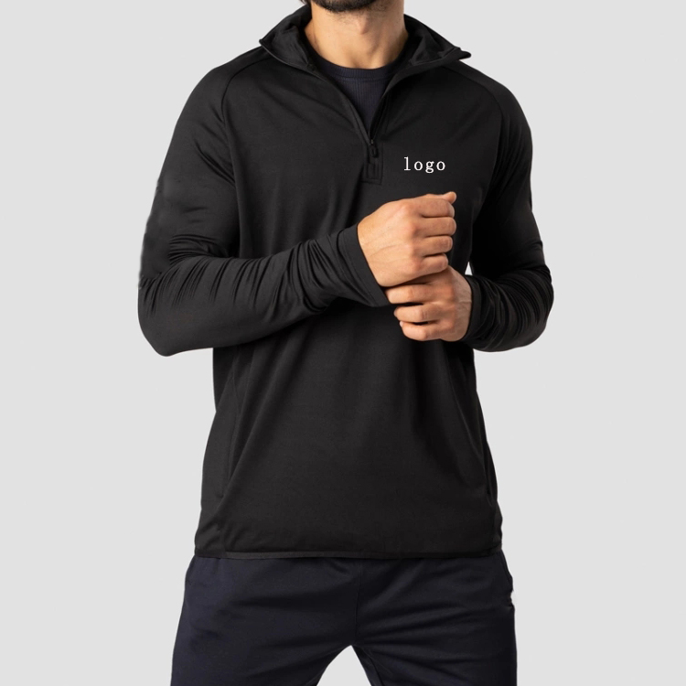 Wholesale Polyester Spandex Custom Long Sleeve Fitness Workout 1/4 Zipper Men Gym T Shirts