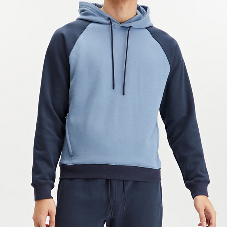 French Terry Cotton Raglan Sleeve Pullover Men Color Block Hoodies With Zipper Pocket detail pictures