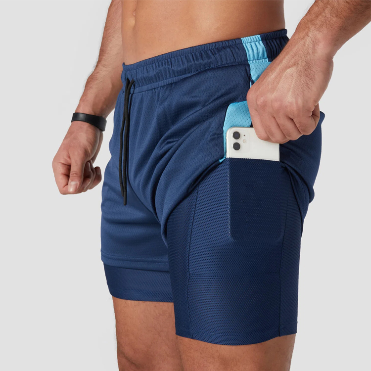 OEM Drawstring Waist Side Strip Fitness Athletic 2 In 1 Mesh Gym Shorts Custom Logo For Men detail pictures