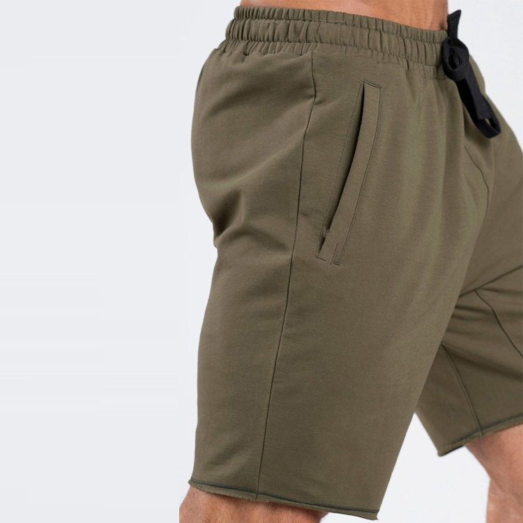 Active Cotton Polyester Drawstring Waist Cut Off Hem Gym Sweat Shorts For Men detail pictures