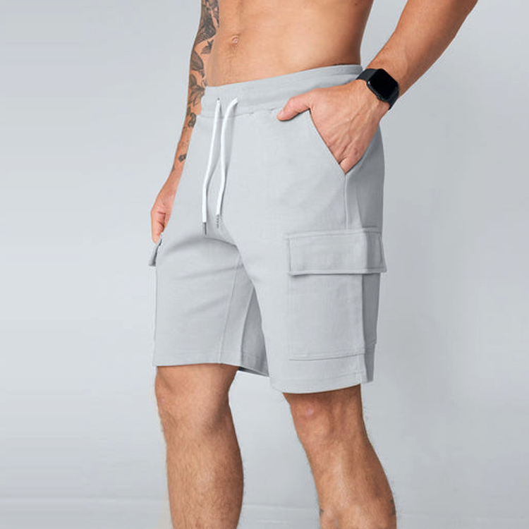 Hot Sale Drawstring Waist Workout Sports Cargo Pocket Sweat Cotton Shorts For Men detail pictures