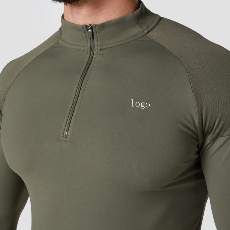 Custom High Quality Athletic Front 1/4 Zipper Long Sleeve Slim Fit Gym T Shirts For Men detail pictures