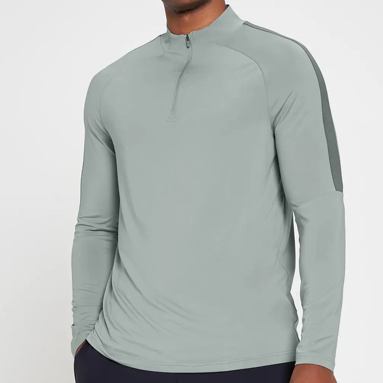 High Quality Mesh Panel Quarter Zipper Sports Long Sleeve Gym T shirts For Men detail pictures