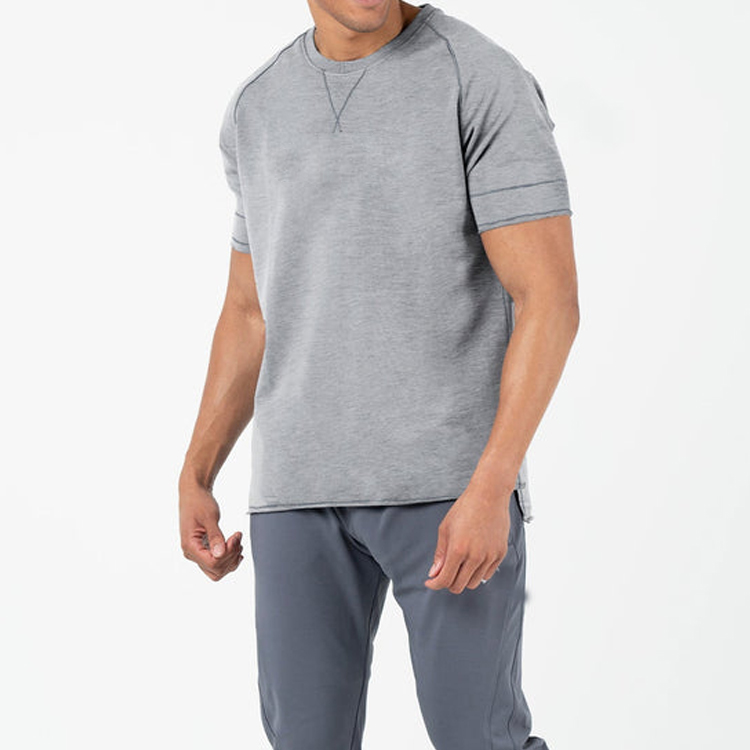 Factory Price Custom Raw Hem Raglan Sleeve Plain Cotton Gym T Shirt For Men detail pictures