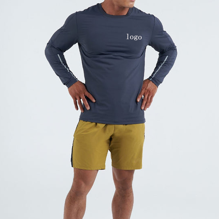 Custom High Quality Cool Dry Polyester Reflective Strip Men Long Sleeve Gym T Shirts detail pictures