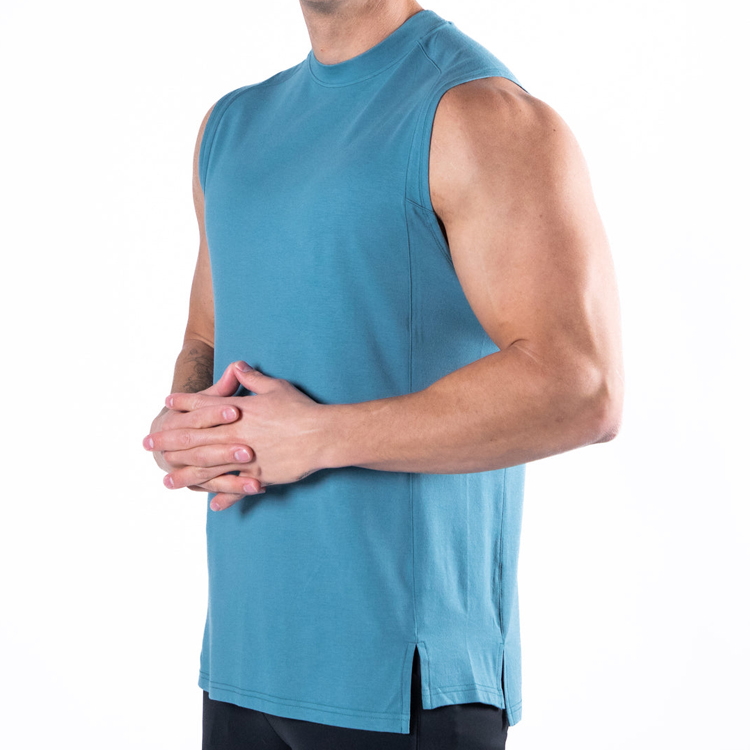 Wholesale Workout Blank Muscle Fit High Neck Cotton Gym Tank Tops Custom Logo For Men detail pictures