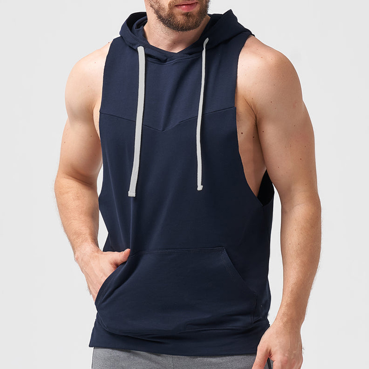 Wholesale Light Weight Custom Logo Drop Armhole Blank Sports Cotton Sleeveless Gym Hoodies For Men