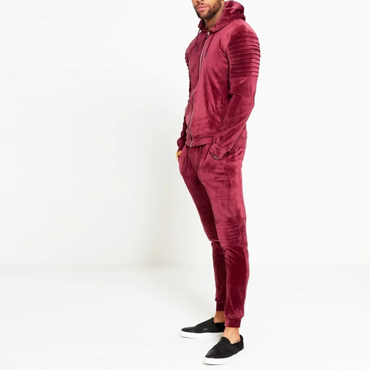 Wholesale Winter Sweatsuit Biker Ribbed Padding Men Slim Fit Velvet Tracksuit Set detail pictures