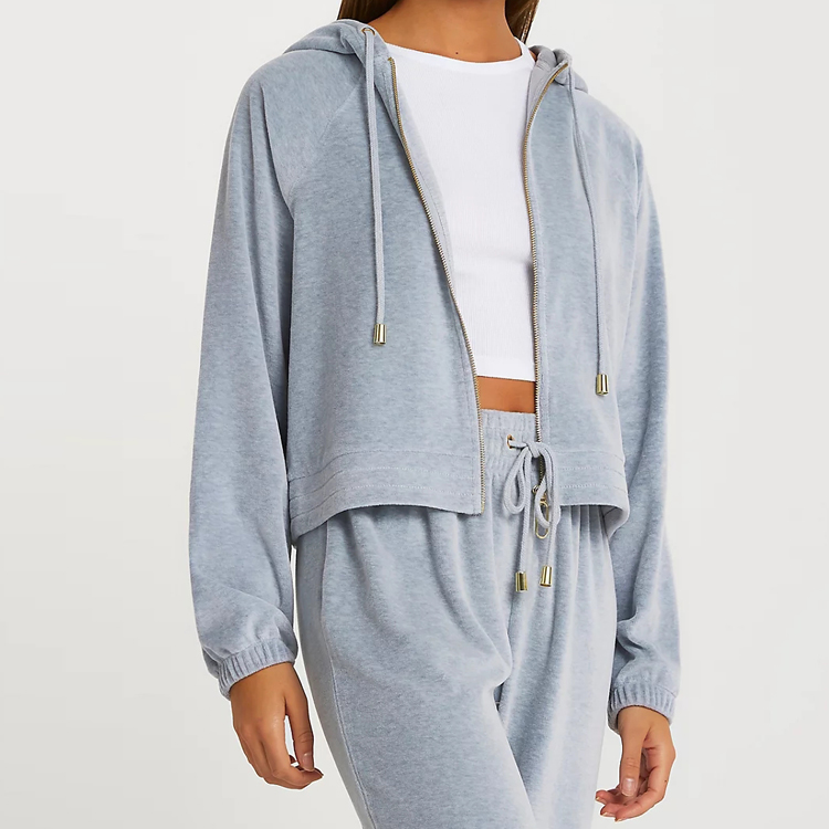 High Quality Winter Wear Ladies Workout Velour Lounge Long Sleeve Crop Zip Up Plain Hoodies