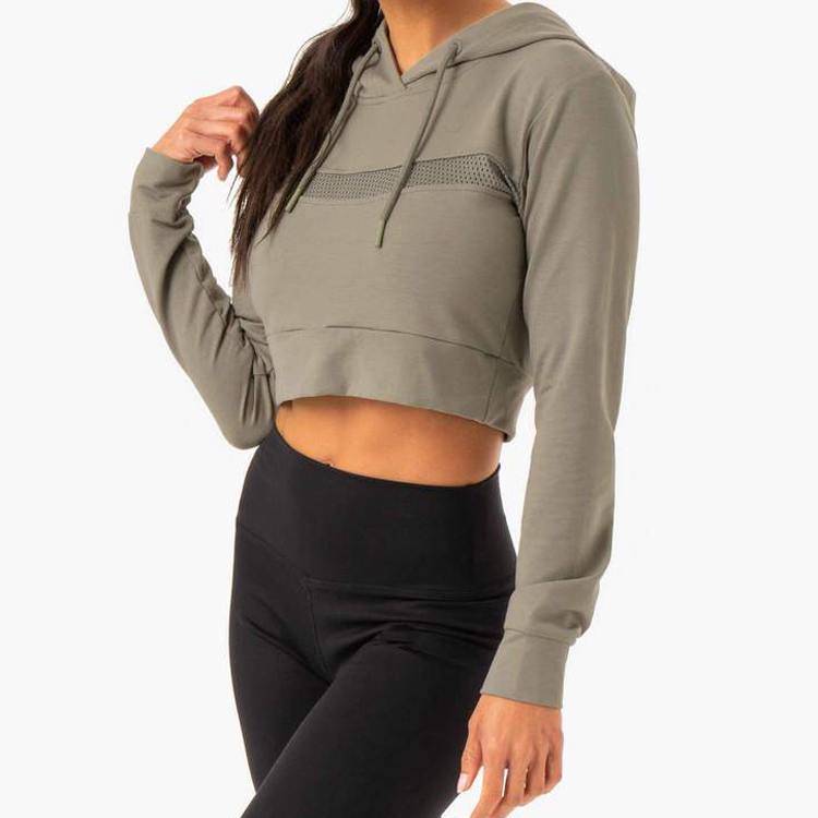 Best Selling Sportswear Cotton Polyester Custom Ladies Mesh Panel Crop Hoodies Sweatshirt For Women