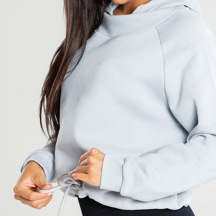 Wholesale Back Mesh Drawstring Bottom Custom High Neck Women Crop Workout Gym Cotton Hoodies