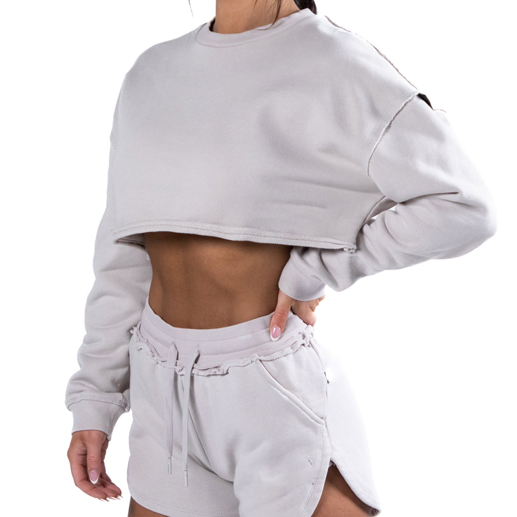 80% Cotton 20% Polyester Raw Edge Plain Crop Crew Neck Women Sweatshirts Custom Logo