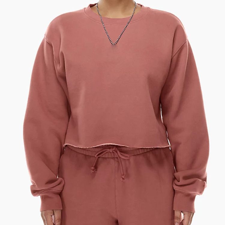 Wholesale Fleece Cotton Custom Raw Hem Crew Neck Crop Plain Sweatshirts For Women detail pictures