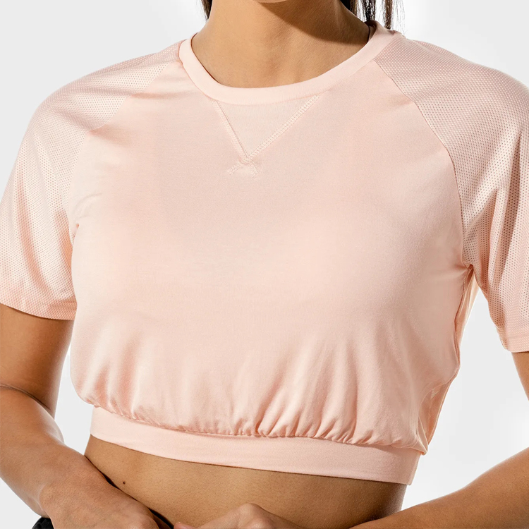 Wholesale Sweat Wicking Elastic Bottom Mesh Panel Custom Fitness Crop T Shirts For Women detail pictures