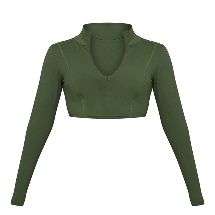 High Quality Front Half Zipper Crop Gym Long Sleeve T Shirts Custom Printing For Women detail pictures