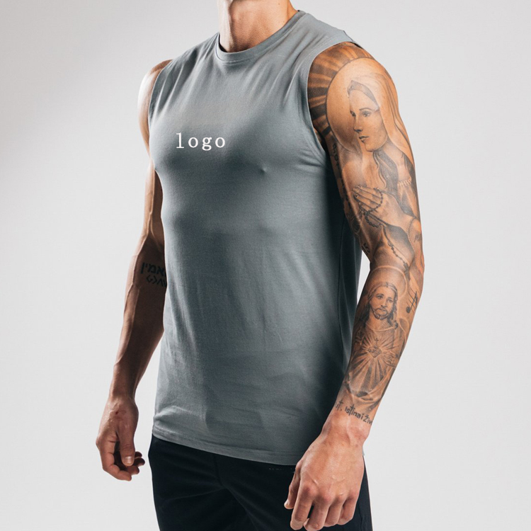 Wholesale Sweat Wicking Polyester Custom Muscle Fit Sports Gym Plain Tank Top For Men detail pictures