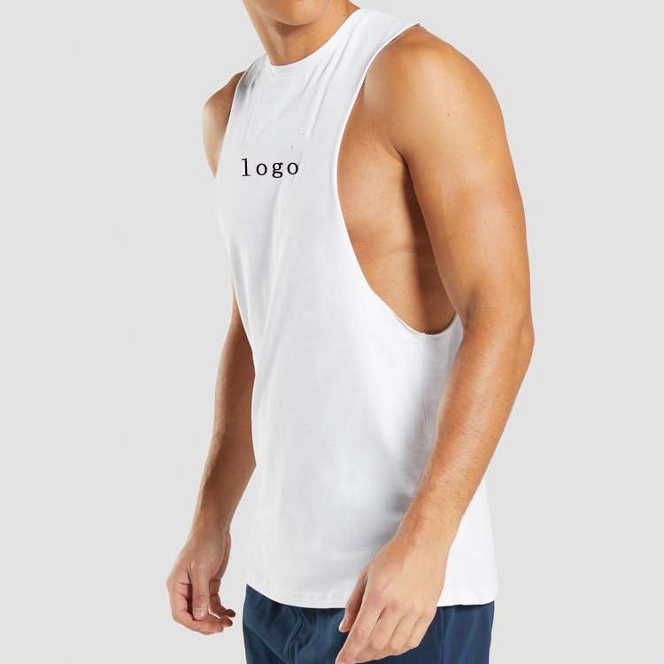OEM Workout White Singlets Drop Armhole Custom Men Cotton Plain Gym Tank Tops detail pictures