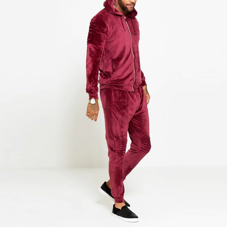 Wholesale Winter Sweatsuit Biker Ribbed Padding Men Slim Fit Velvet Tracksuit Set detail pictures