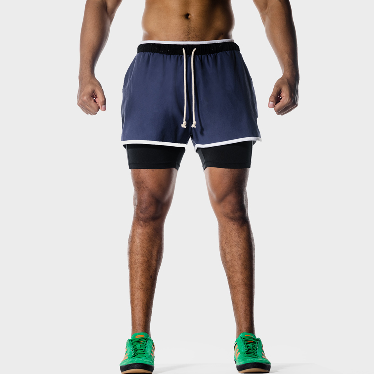 Factory Price Four Way Stretch Drawstring Waist 2 IN 1 Gym Athletic Shorts For Men detail pictures