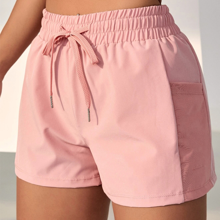 OEM Drawstring Waist Stretch Polyester Women Athletic Running Shorts With Mesh Pocket detail pictures