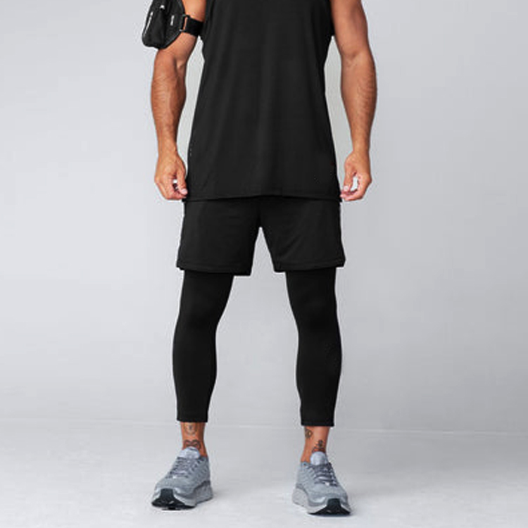 High Quality Quick Dry Drawstring Waist Custom Black 2 IN 1 Gym Shorts Leggings For Men detail pictures