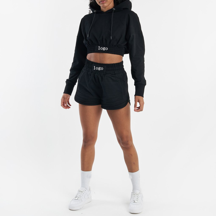 50 Cotton 50 Polyester Custom Crop Hoodies Shorts Women Sweatsuit Set Tracksuit