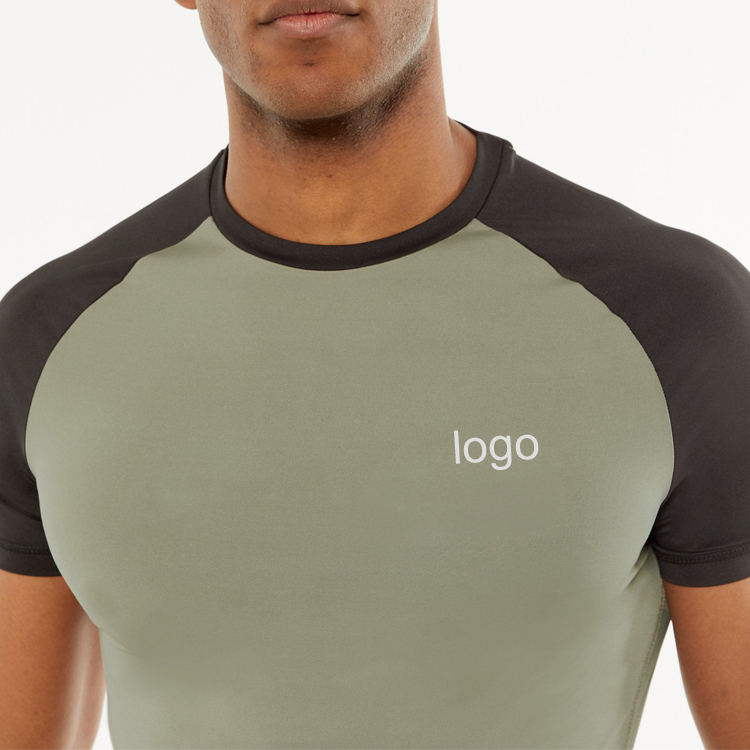 High Quality Quick Dry Polyester Contrast Muscle Fit Raglan Sleeve Gym T shirt For Men detail pictures