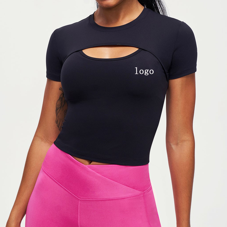 Wholesale Front Hollow Out Custom Logo Blank Fitted Crop Gym T Shirts For Women