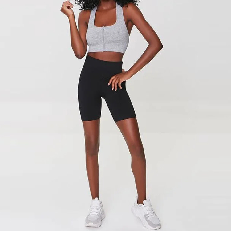 High Impact Custom Logo Front Zip Seamless Racer Back Ribbed Sports Bra For Women detail pictures